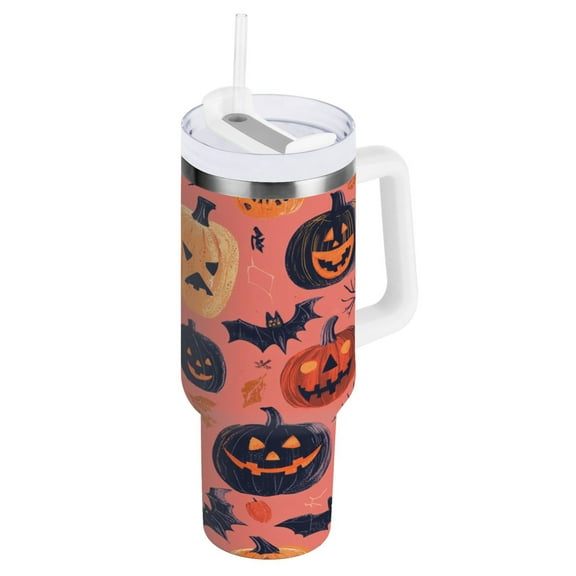 Stainless Steel Tumbler with Straw and Handle, Double Wall Insulated Tumblers, Halloween Decorations Pumpkin