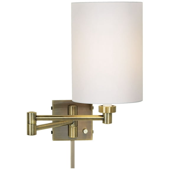 Barnes and Ivy Modern Swing Arm Wall Lamp with Cord Cover Antique Brass Plug-In Light Fixture White Cotton Cylinder Shade Bedroom
