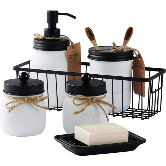 6Pcs Mason Jars Bathroom Accessories Set Complete - Toothbrush Holder, Lotion Soap Dispenser, 2 Mason Jars, Soap Dish, Toilet Paper Basket, Rustic Farmhouse Decor (Brown, 6Pcs Bathroom Set)