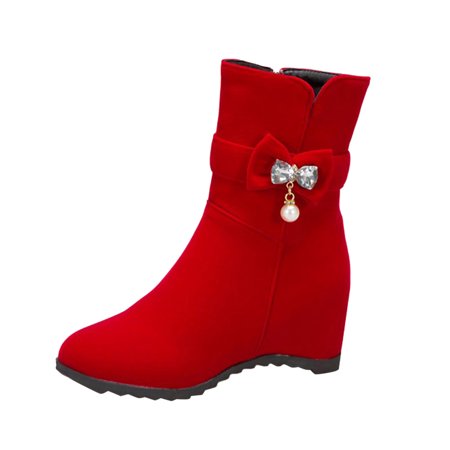 

Ladies Solid Color Pearl Bow Trim Inner Heightening Fashion Mid Boots