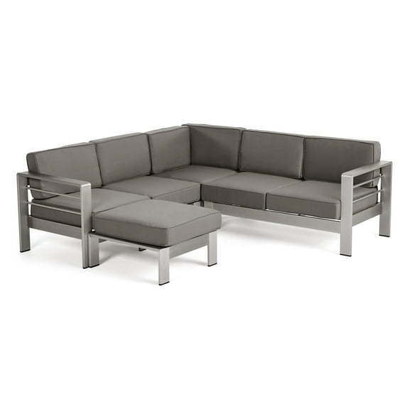 GDF Studio Emily Outdoor Aluminum 5-Seater V-Shape Sectional Sofa Set, Silver and Gray