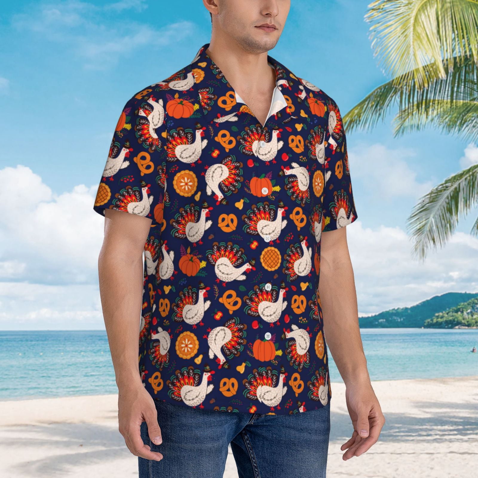 Logiee Turkey And Thanksgiving Print Mens Hawaiian Shirts,Loose-Fit Short Sleeve Button Down Tropical Aloha Beach Shirt,Summer Vacation Wedding Tops,Large