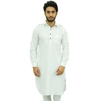Atasi Men's Classic White Pathani Style Kurta Pajama Set Long Cotton Shirt-Small