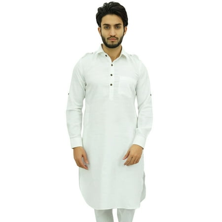 

Atasi Men s Classic White Pathani Style Kurta Pajama Set Long Cotton Shirt-XL