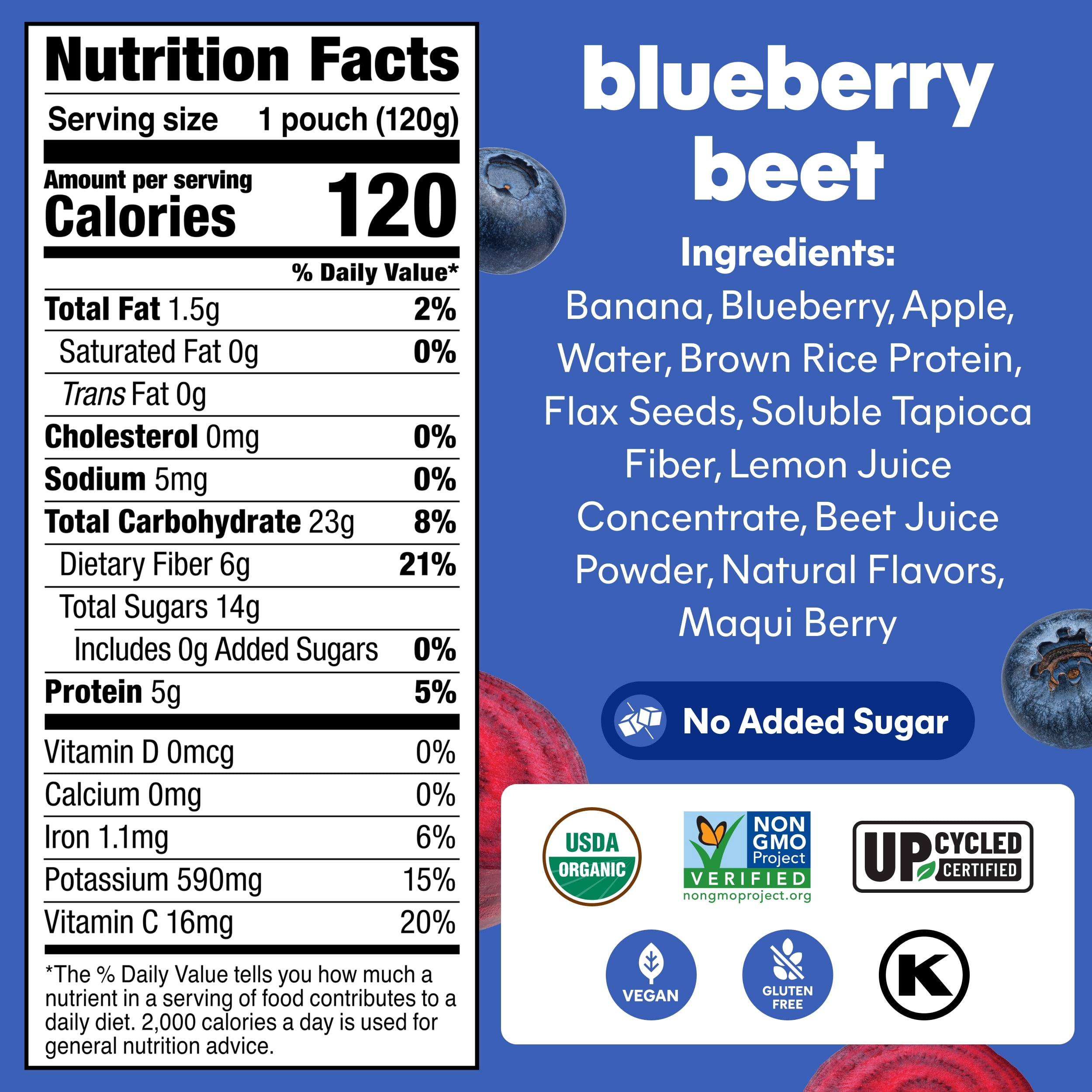 (3 pack) Noka Organic Superfood Smoothie Pouches, Plant Protein, Blueberry Beet, 4.22oz, 4 Pack