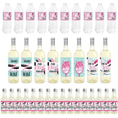 Spa Day - Mini Wine Bottle Labels, Wine Bottle Labels and Water Bottle Labels - Girls Makeup Party Decorations - Beverage Bar Kit - 34 Pieces