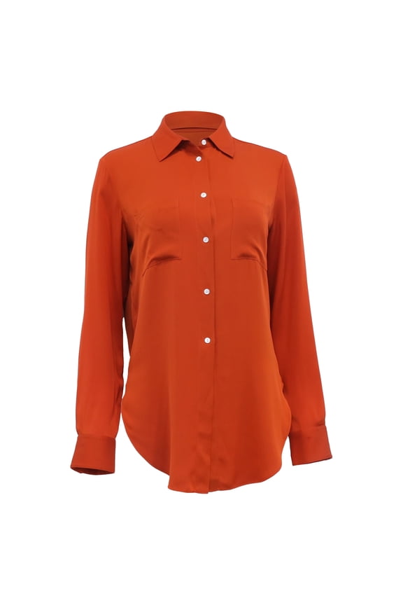Pre-Owned Theory Button-Down Long Sleeve Shirt in Orange Silk