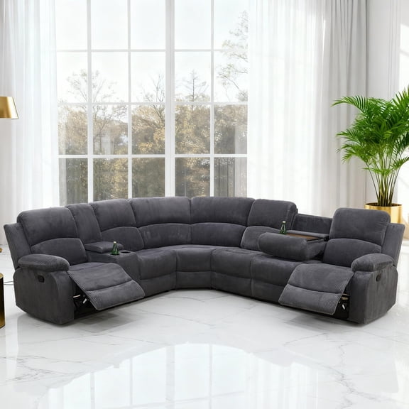 Saxum Tegmen Living Room Furniture Sets, Corduroy Sofa Sets, Reclining Sectional, Manual Recliner Couch Set with 2 Recliner Seats for Living Room, Office, and Apartment(Dark Gray)