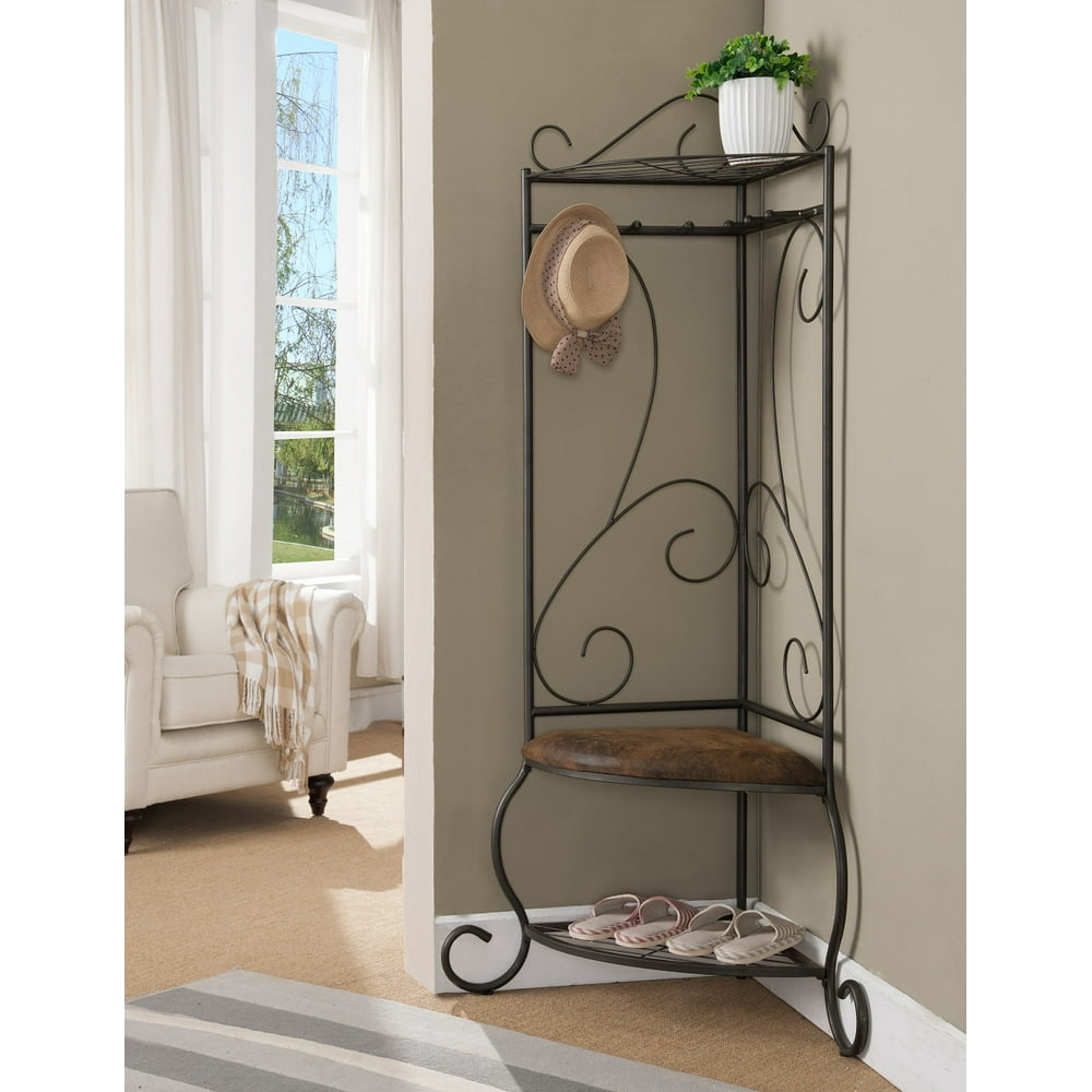 Clover 6 Hook Corner Hall Tree with Bench & Shoe Storage, Pewter Metal