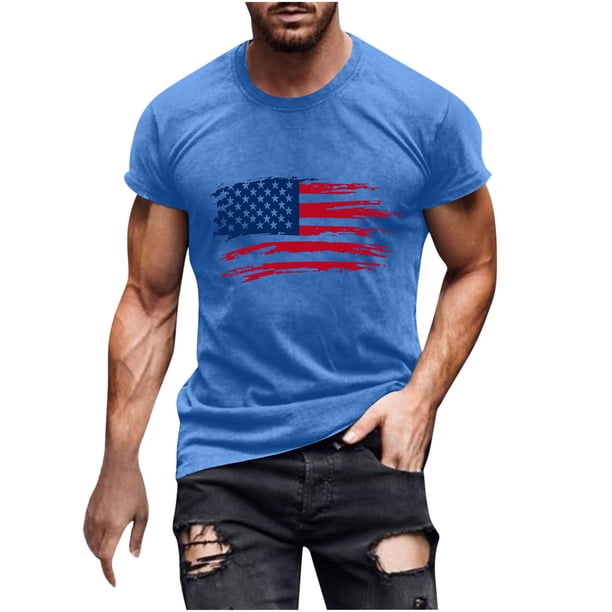 Mens Casual Manga Corta Botón Abajo Camisetas Estados Unidos Bandera Impresión Cuello Redondo Suéter Camiseta, Poliéster Casual Uso Diario para Hombres