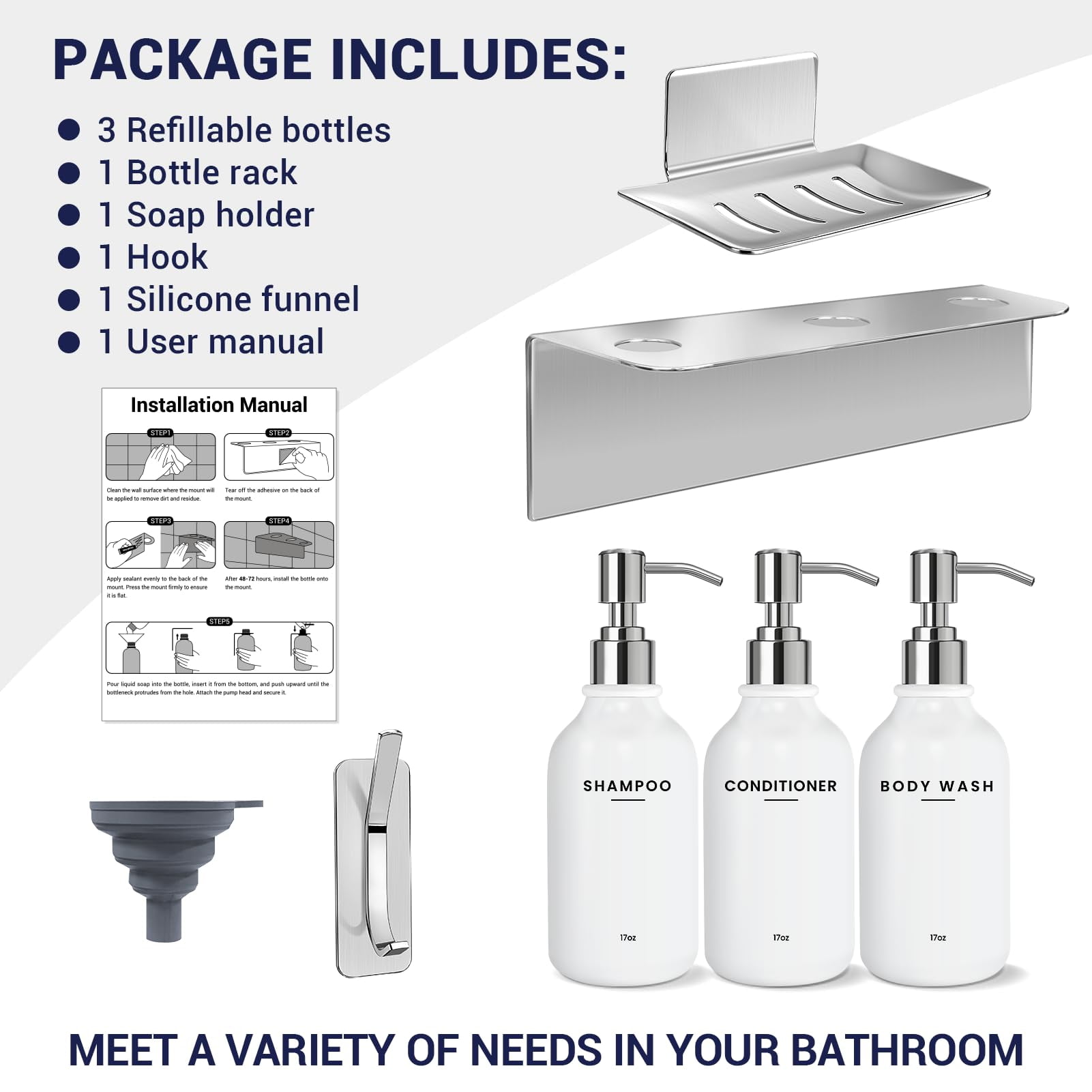 Shampoo and Conditioner Dispenser - Shower Soap Dispenser Wall Mounted - 17 fl oz Set of 3 Silver Plastic Bottles Black Pump - Shampoo Dispenser, Shower Dispenser