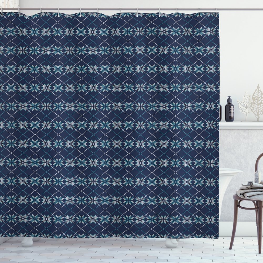 Nordic Shower Curtain, Festive Winter Holiday Fair Isle Pattern Digital