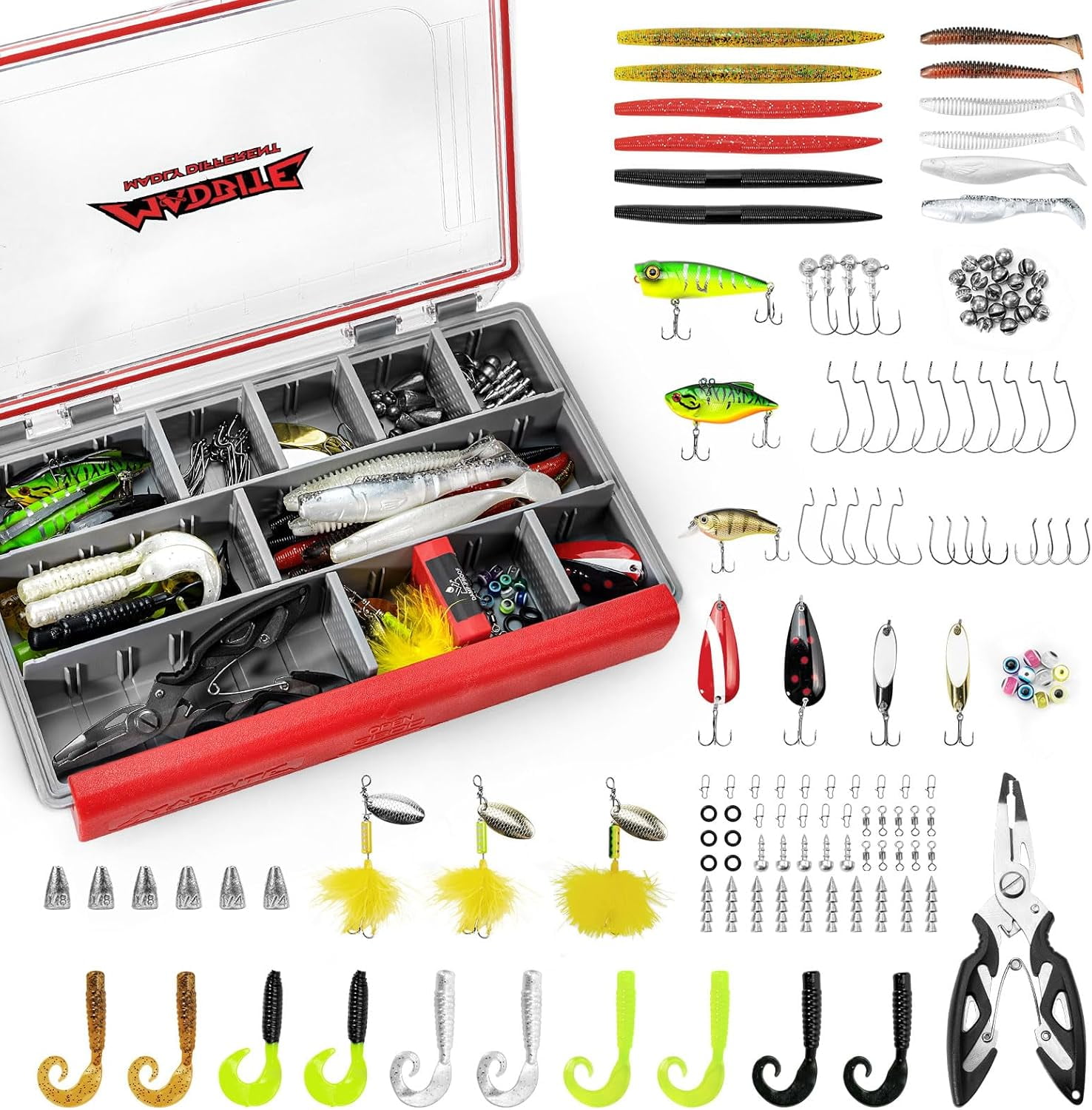 MadBite by KastKing Pro Fishing Lures Kit, 143pcs Fishing Gear kit with Waterproof Tackle Box & Pliers