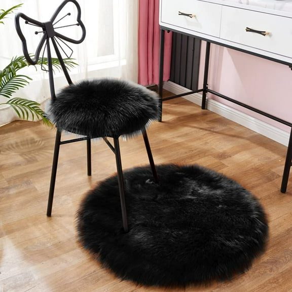 Nvzi Round Faux Fur Sheepskin Area Rug Super Soft Fluffy Chair Cover Seat Cushion Pad Non-Slip Area Rugs for Living Bedroom Floor Sofa (Black,1.5 Feet Diameter)