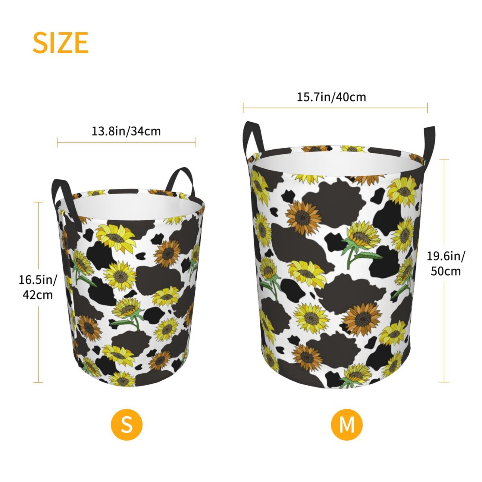 Large Laundry Basket with Handles - Cow Print Sunflowers Black White Kids Baby Dirty Clothes Laundry Hamper for Bedroom Aesthetic