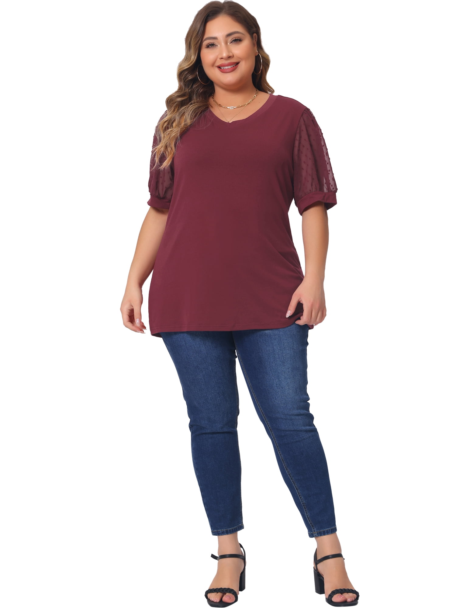 Women's Plus Tops V Neck Swiss Dots Puff Sleeve Casual Blouse Shirt 3X Red