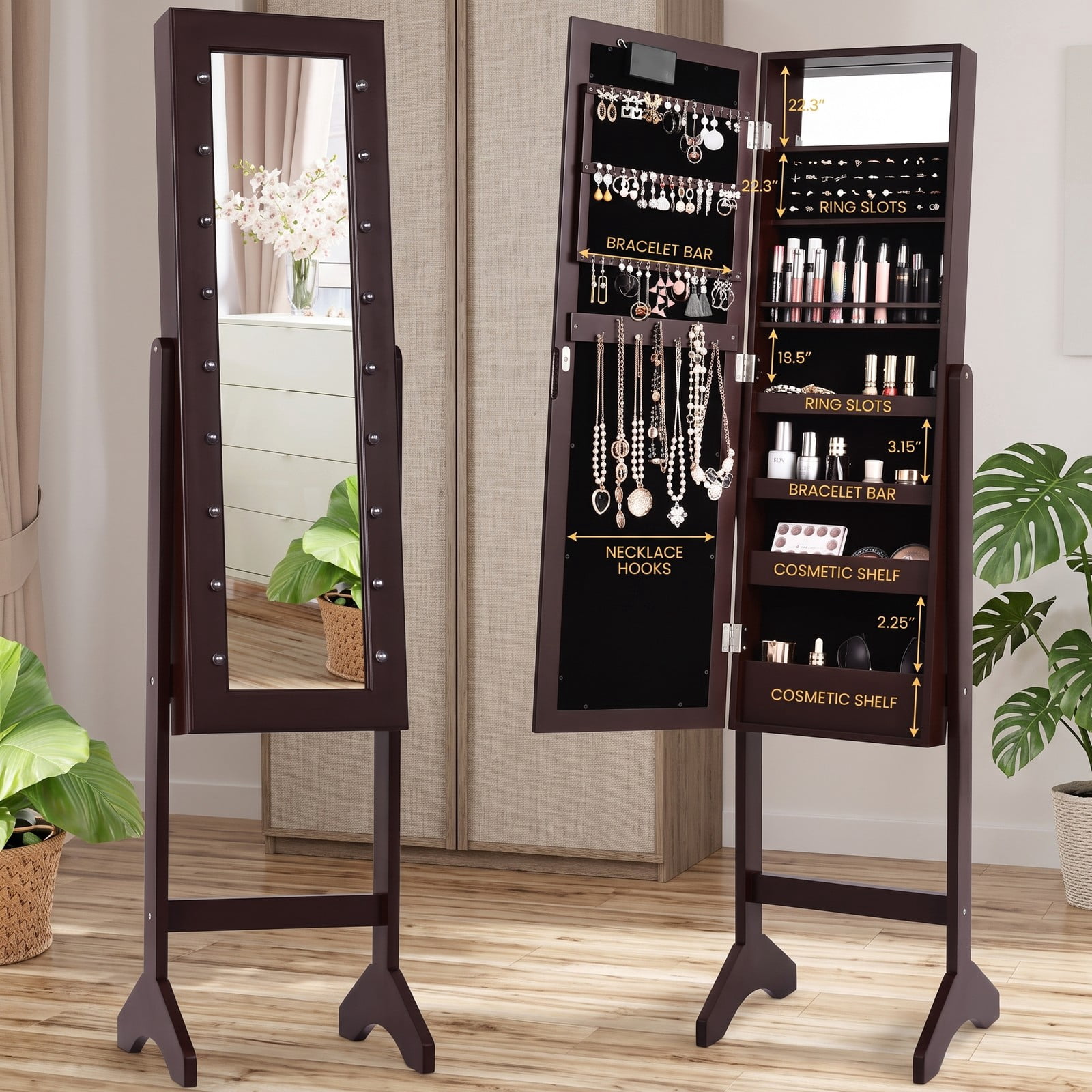 Furnibear Freestanding Mirrored Jewelry Cabinet Armoire Organizer with Full-Length Mirror and 18 LED Lights for Bedroom, Brown