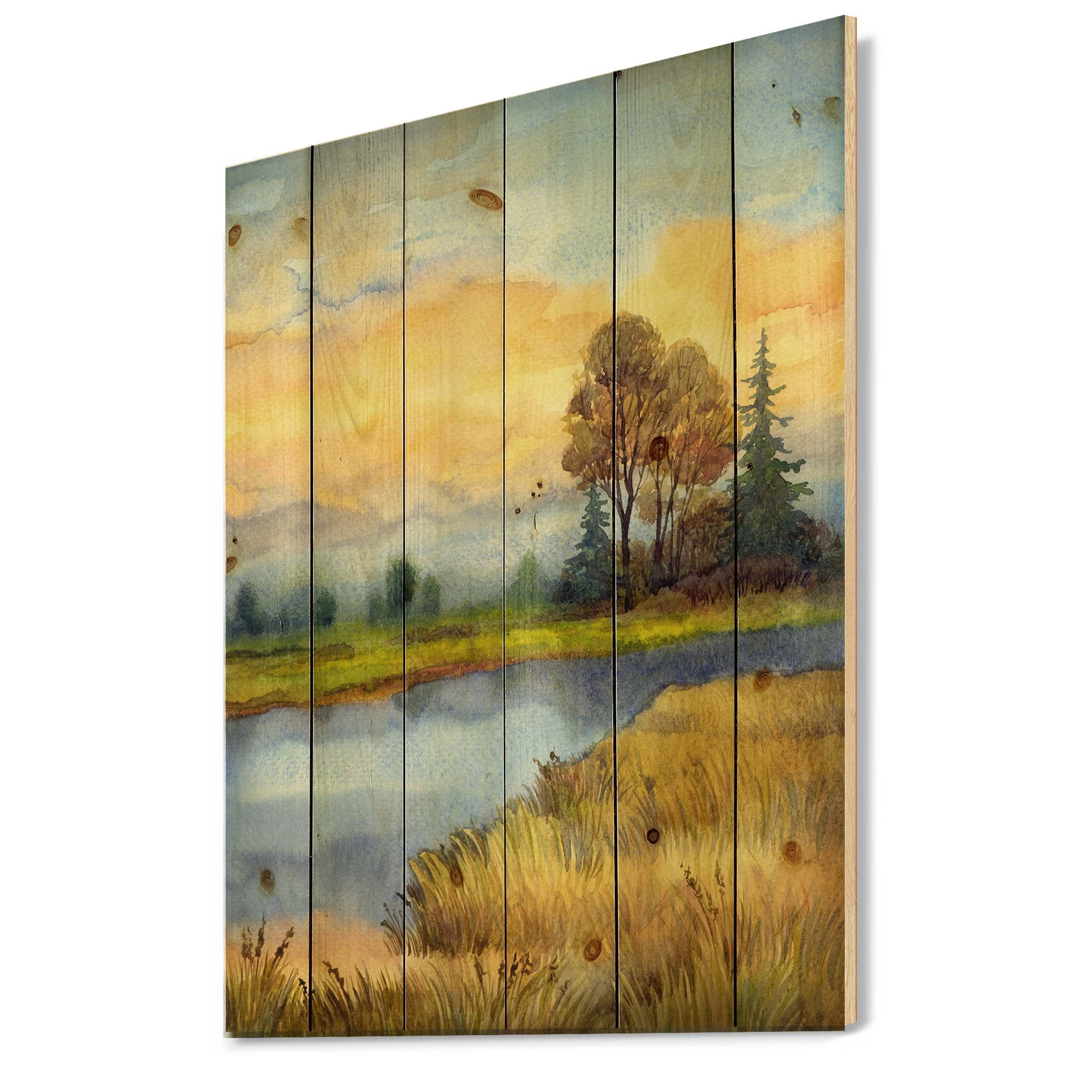 Designart 'The Awakening of Nature Over Meadows' Lake House Print on Natural Pine Wood