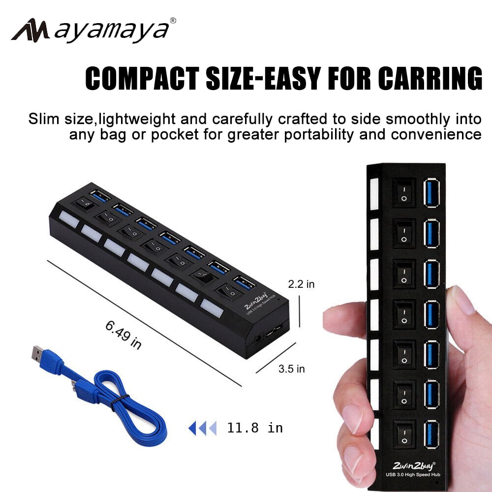 AYAMAYA 7-Port USB 3.0 High Speed Extension Charger Adapter with On/Off Switch & LED Light for PC/Laptop/PS4/Slim/Pro Hub