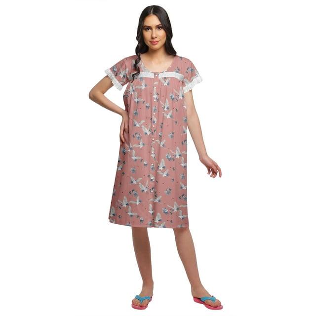 Moomaya Chemise de Nuit à Manches Courtes en Coton pour Femmes, Longueur Genou, Imprimée
