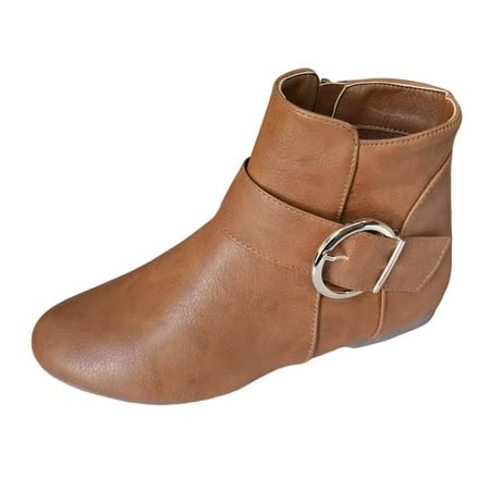 OJSFQUFP Womens Booties Ladies Fashion Solid Leather Decoration Side Zipper Flat Bottom Short Boots Women s Casual Shoes Work Boots Brown 41