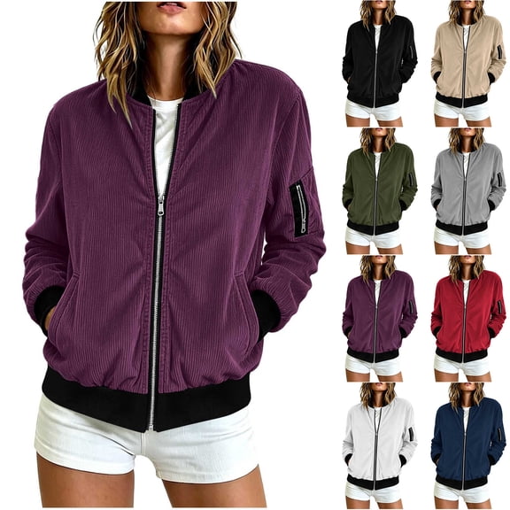 Qzwdhjm Womens Bomber Jackets Zip up Ribbed Corduroy Jacket Long Sleeve Color Block Fall Winter Coat for Streetwear with Pockets