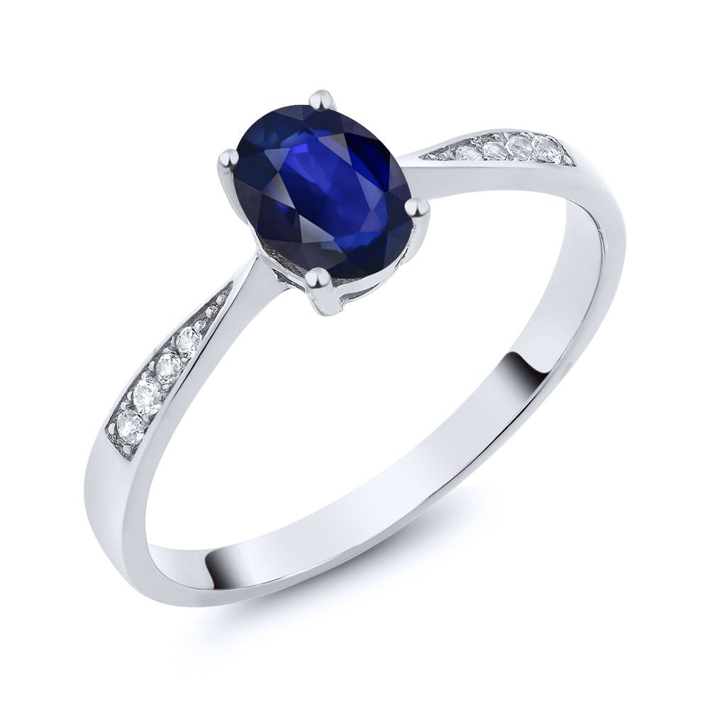 Gem Stone King 10K White Gold Blue Sapphire and White Diamond Engagement Ring for Women (0.63 Cttw, Gemstone September Birthstone, Oval 7X5MM, Available in Size 5, 6, 7, 8, 9)