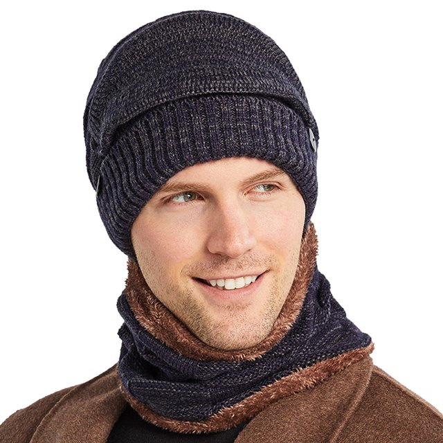 Men's Winter Warm Wool Knit Beanies Hats Neck Scarf Mask Set Outdoor