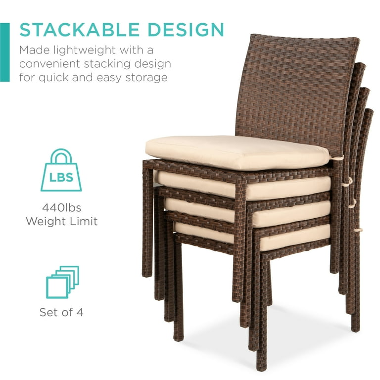 Best Choice Products Set of 4 Stackable Outdoor Patio Wicker Chairs w Cushions UV Resistant Finish Brown Cream
