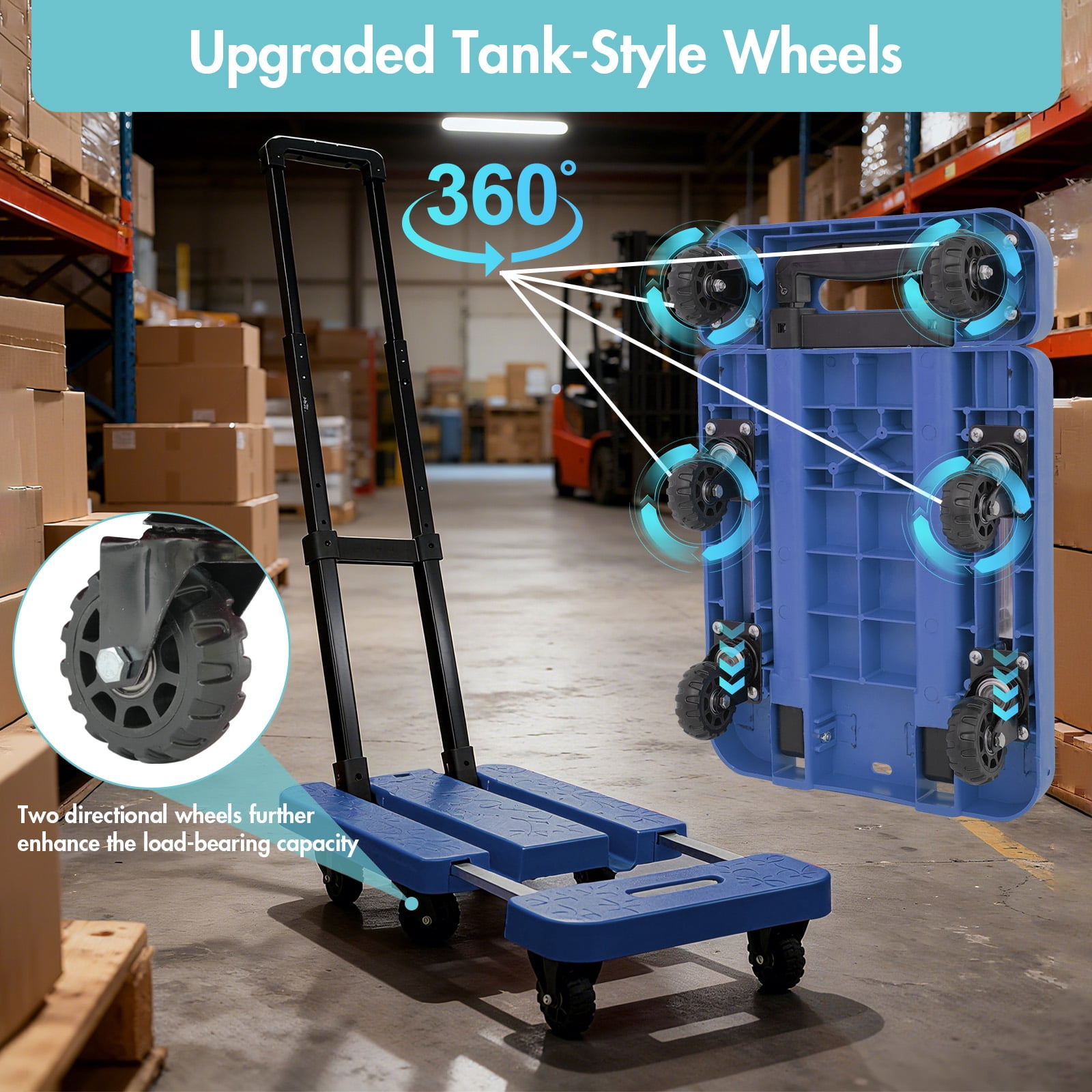 BAOKALER Folding Hand Truck, Heavy Duty Dolly Cart, Push Dolly Cart Foldable Platform with 6 Wheels, Blue
