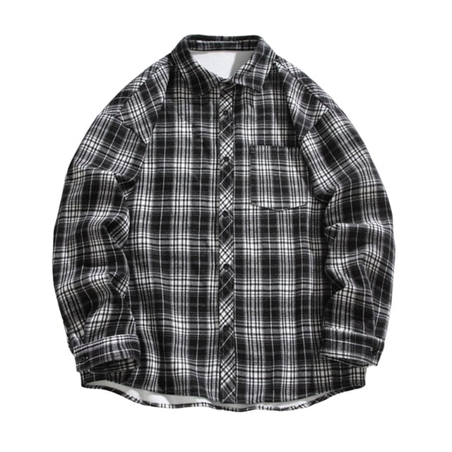 MeetoTime Fleece Long Sleeve Checkered Shirts for Men Casual Lapel Lattice Button-Down Shirt