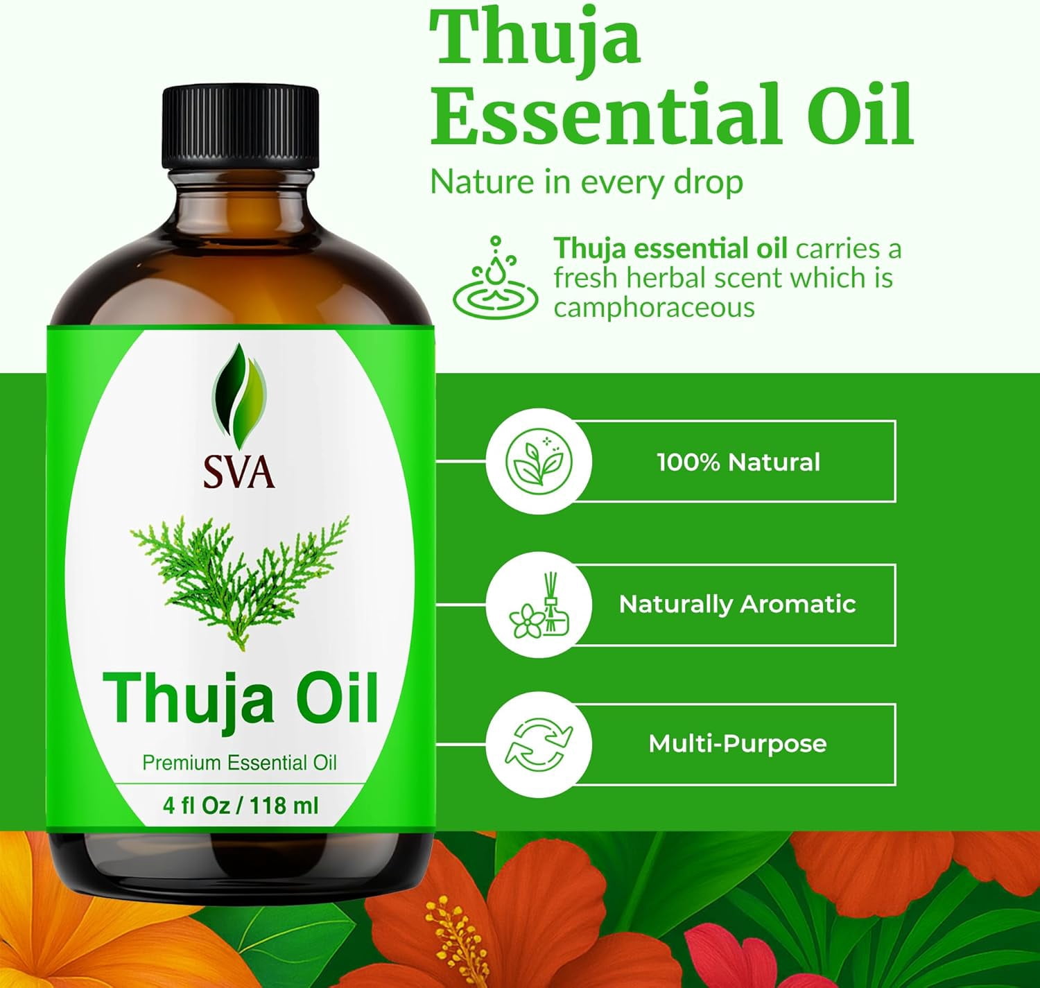 SVA Thuja Essential Oil – 4 Fl Oz – 100% Natural Thuja Oil - for Diffuser, Hair Care, Face, Skin Care, Aromatherapy, Scalp and Body Massage, Soap and Candle Making – with Dropper