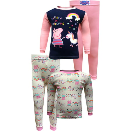 Toddler Girls Peppa Pig and Unicorn 4pc 100% Cotton Pajama Set - Pink 2T