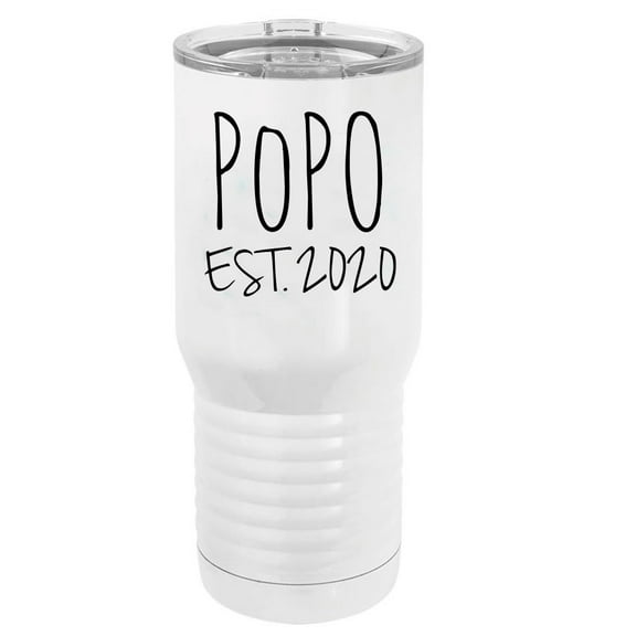 PoPo Est. 2020 Established Stainless Steel Vacuum Double-Walled Insulated 20 Oz Tumbler Travel Coffee Mug with Clear Lid, White