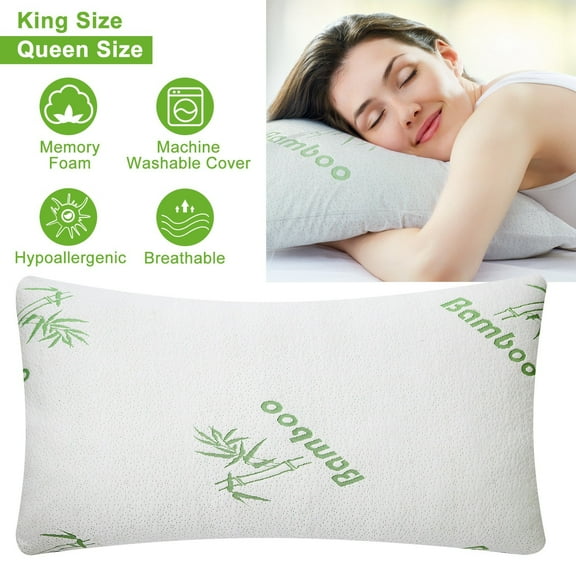 2 Pack Bamboo Shredded Memory Foam Pillow Queen Size, Hypoallergenic Bed Pillow for Neck Pain Relief, Cooling Washable Cover