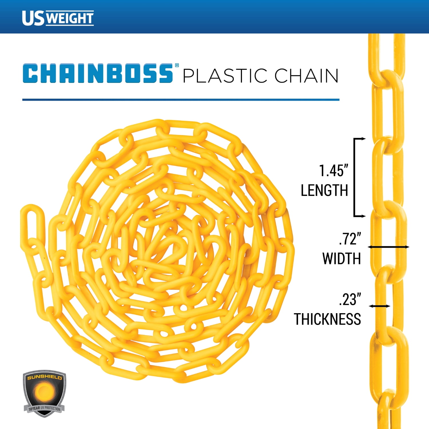 US Weight 1.5" x 25' Yellow Plastic Safety Chain ft. SunShield UV Resistant Technology