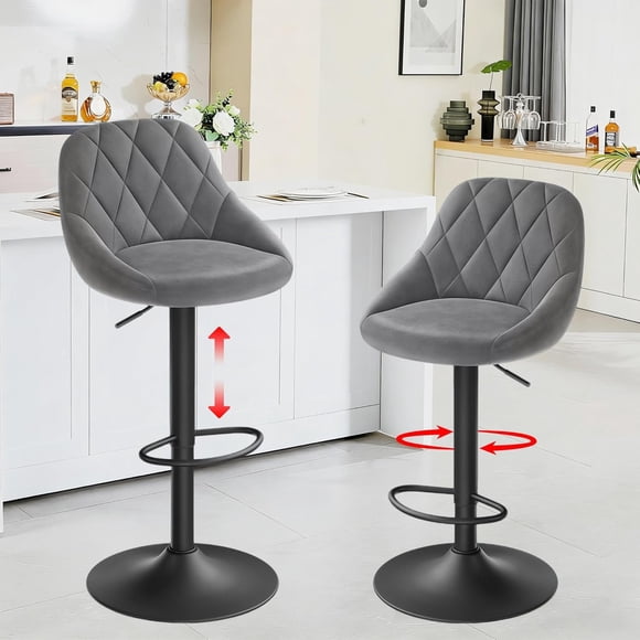 Modern Bar Stool Set of 2, Counter Height Barstools with Padded Back and Metal Footrest, Adjustable Velvet Swive Barstools for Kitchen Island, Home, Bar, Dining Room and Restaurant, Dark Gray