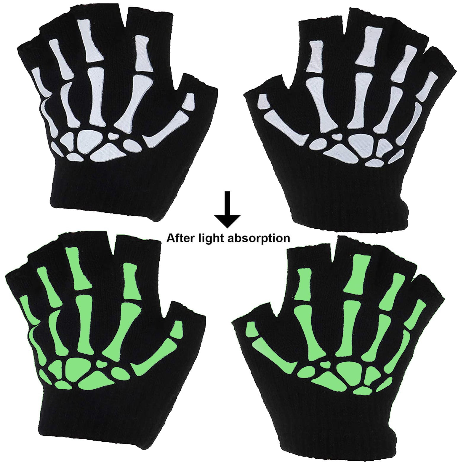 Details about   1/2/5 Pairs Kids Skeleton Warm Glow in The Dark Fingerless Knitted Gloves Mitten