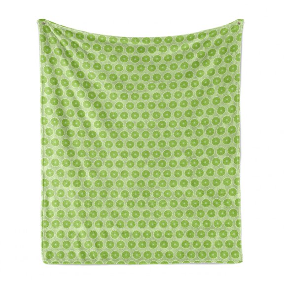 Fruit Soft Flannel Fleece Throw Blanket, Continuous Pattern with Round Slices of Lime Citrus Food on Thin Stripes, Cozy Plush for Indoor and Outdoor Use, 60" x 80", Lime Green and White, by Ambesonne