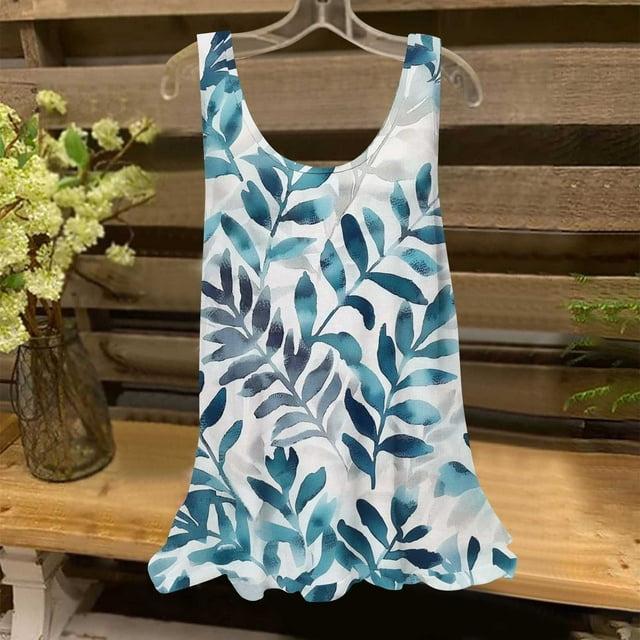 UPPADA Hauts d'Été pour Femmes 2025, Débardeur Ample Tendance Imprimé Floral Col Rond Blouse en Chiffon Décontractée Sans Manches