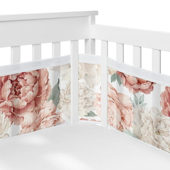 Sweet Jojo Designs   BreathableBaby Peony Floral Garden Pink Ivory Breathable Mesh Crib Liner Pad