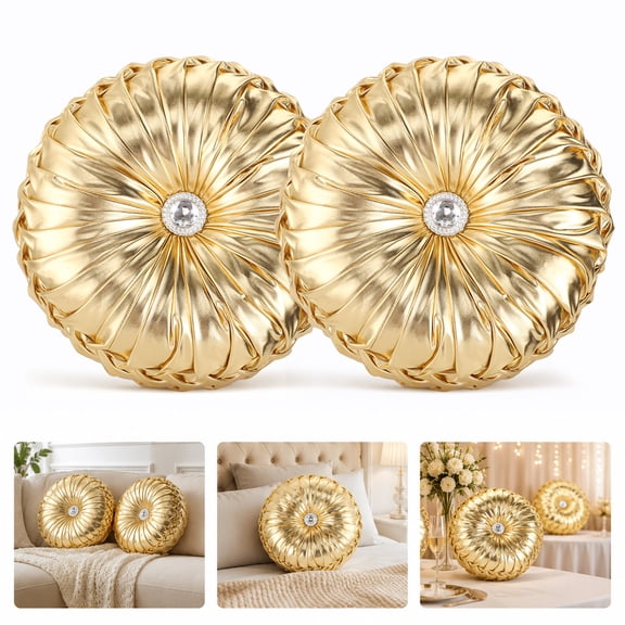 2 Pcs Gold Round Throw Pillows, 13.8 in Pleated Pumpkin Decor Cushion with Soft PP Cotton Filled, Decorative Pillow for Sofa, Living Room, Bedroom, Couch
