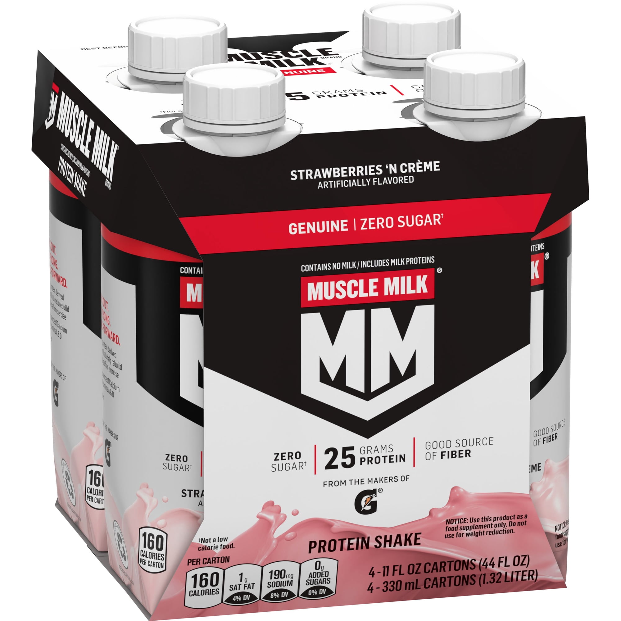 Muscle Milk Genuine Protein Shake Strawberries 'n Crème, 11 fl oz Carton, 4 Pk