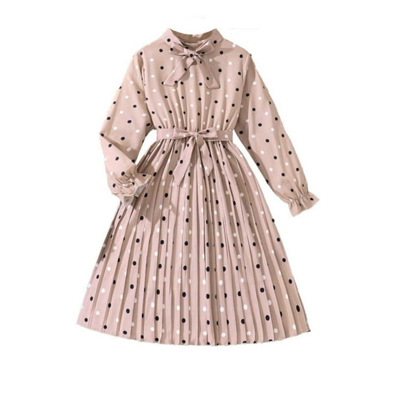 Mercatoo Big Kids Girls Long Sleeve Dress Spring Autumn Mid Long Dresses Fall 𝐏olka Dot Print Elegant 𝐑uffle 𝐇em Dress