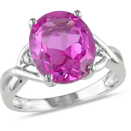 7-1/2 Carat T.G.W. Oval-Cut Created Pink Sapphire and Diamond-Accent Sterling Silver Cocktail Ring