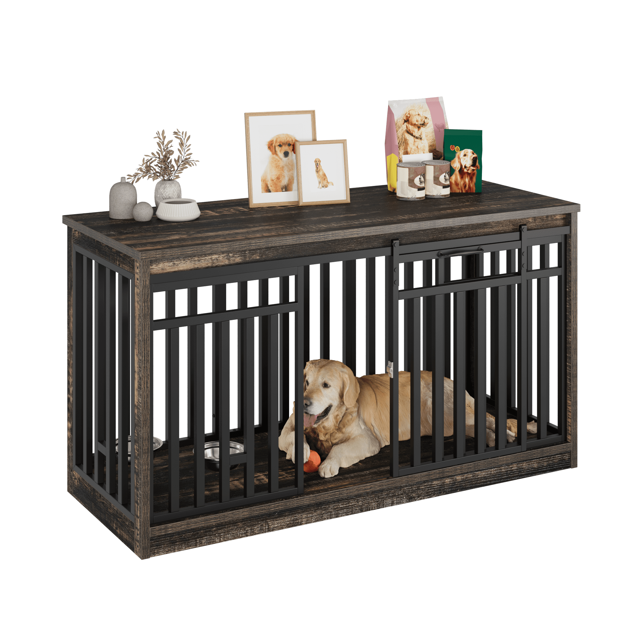 Uforic 55.1 Inch Dog Crate Furniture for Large Dogs,Indoor Furniture Style Wooden Large Dog Kennel TV Stand Sliding Doors -Black Oak