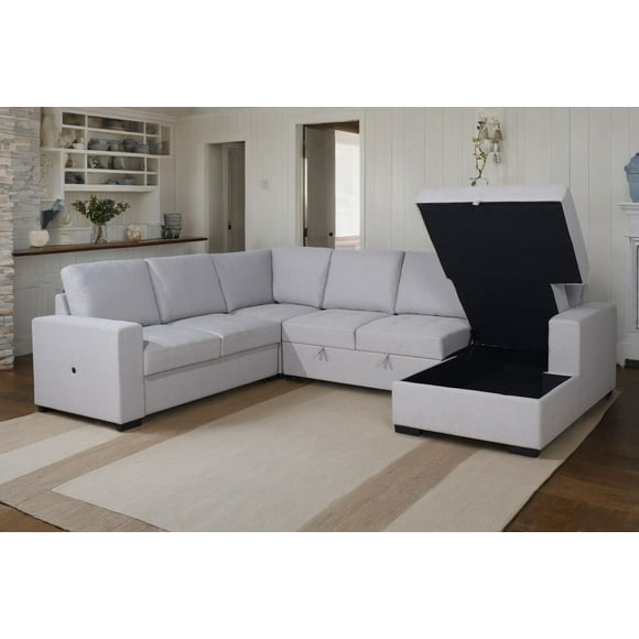 K-Living Xander Sectional/ Sofa Bed in Grey Fabric with Built-In USB Port
