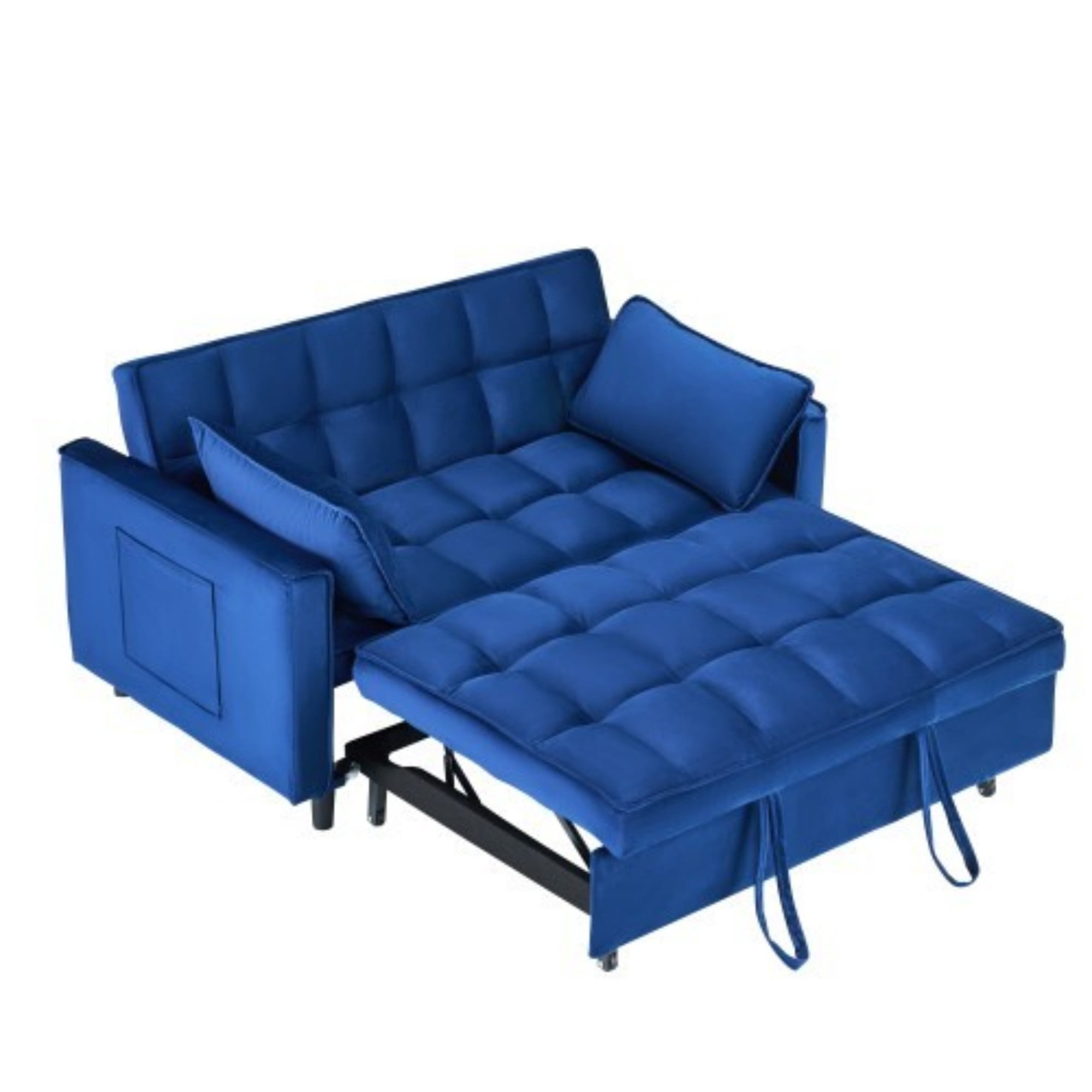 Velvet Loveseat Sofa Bed, 3-in-1 Convertible Sleeper Couch with Pullout Bed & Reclining Backrest, Blue
