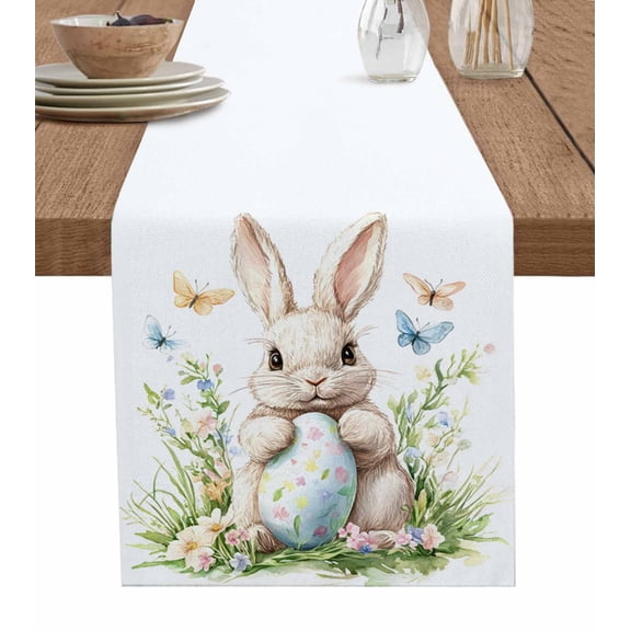 Easter Table Runner 48 Inches, Spring Bunny Eggs Flowers Butterfly Herbs Rustic Bed Runner Dresser Scarves Tabletop for Indoor Outdoor Parties/Ceremony/Banquet, 13" x 48"