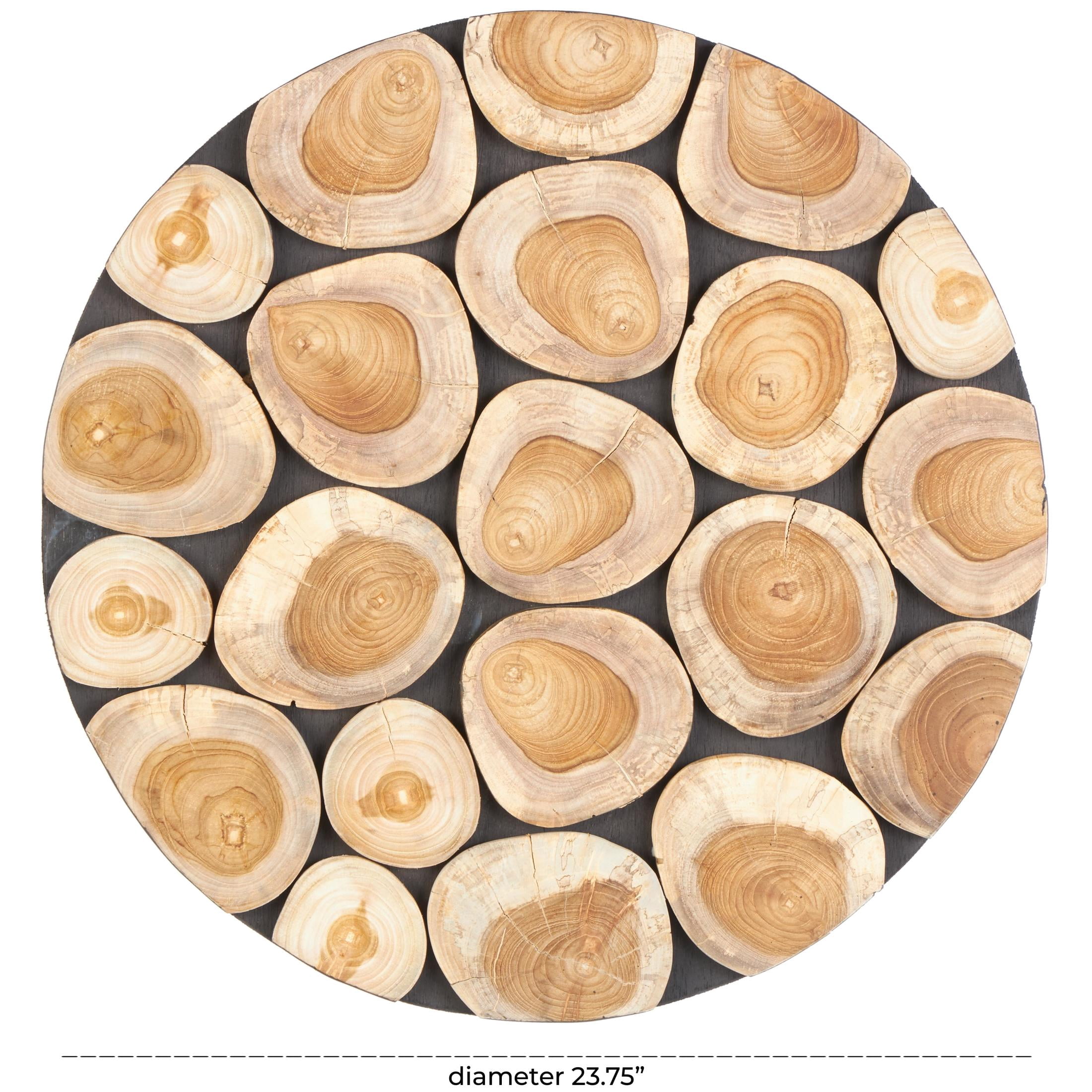 DecMode Brown Teak Wood Handmade Round Mosaic Inspired Wood Slab Abstract Wall Decor with Black Backing